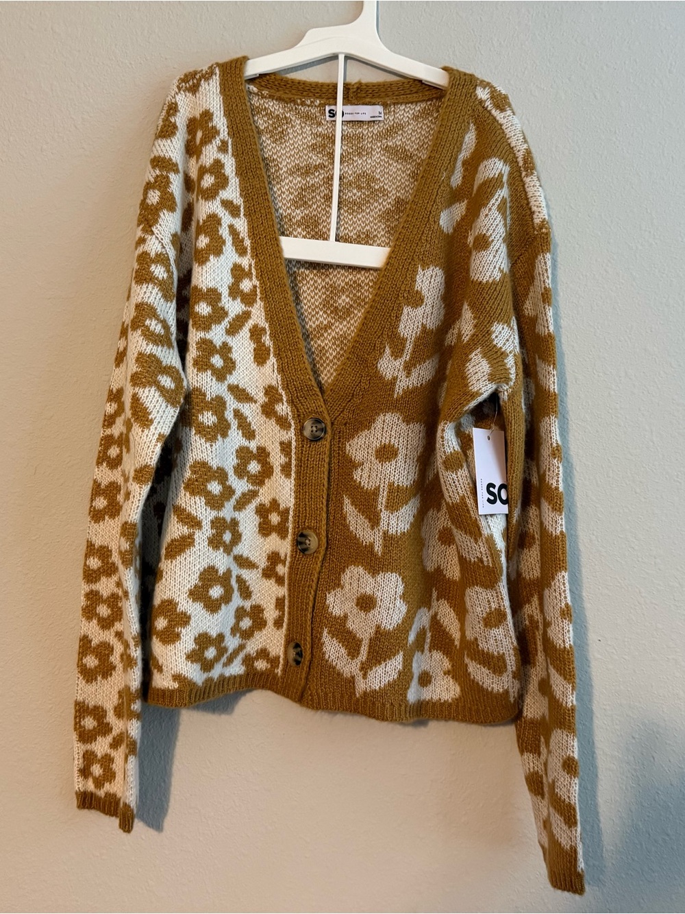 SO Floral V-Neck Button-Up Cardigan in Mustard and Cream